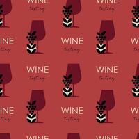 Elegant Wine Seamless Pattern for Events and Packaging. Seamless wine tasting pattern with stylized wine glasses, grape clusters, and text on a red background vector