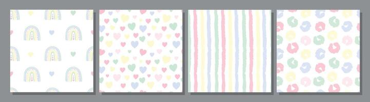 Soft Pastel Baby Pattern Collection with Cute Motifs. Set of four seamless pastel patterns including rainbows, hearts, hand-drawn stripes, and abstract shapes in soft baby colors vector