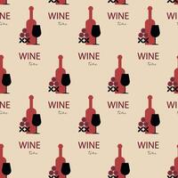 Modern Wine Time Repeat Pattern with Grapes and Typography. Seamless wine time pattern with wine bottles, glasses, decorative grapes, and text on beige background vector