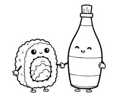 Cute Sushi Roll Holding Hands with a Happy Soy Sauce Bottle, Both Blushing coloring page vector