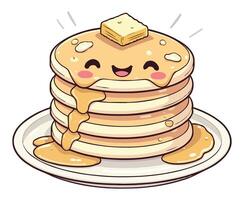 Happy Stack of Pancakes with Syrup and Butter on a Kawaii Plate coloring page vector