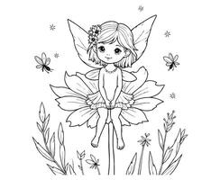 Fairy with Fluffy Wings Sitting on a Giant Flower coloring page vector