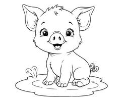 Cute Piglet Playing in a Mud Puddle coloring page vector