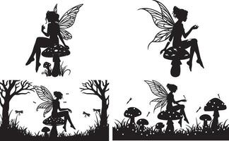 Fairy Silhouettes on Mushrooms and in a Forest vector