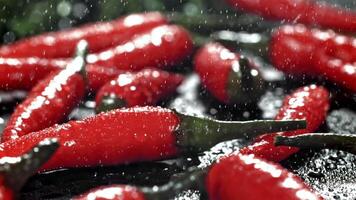 Water droplets fall on the chili pepper. Filmed on a high-speed camera at 1000 fps. High quality FullHD footage video