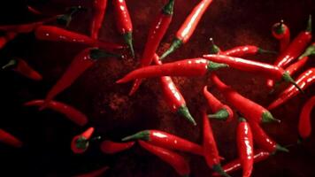 Red chili peppers fly up and fall down. Filmed on a high-speed camera at 1000 fps. High quality FullHD footage video