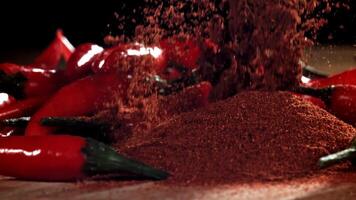 Ground red pepper falls on the table. Filmed on a high-speed camera at 1000 fps. High quality FullHD footage video