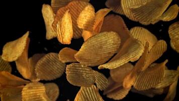 Potato chips fly up and fall down. Filmed on a high-speed camera at 1000 fps. High quality FullHD footage video