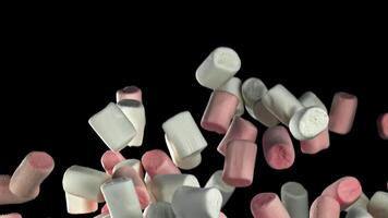 Pink and white marshmallows fly up and fall down. Filmed on a high-speed camera at 1000 fps. High quality FullHD footage video