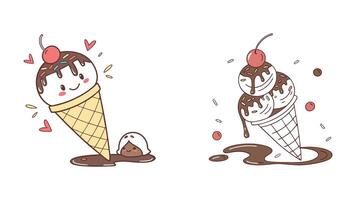 Cute cartoon-style ice cream cone with two scoops of vanilla ice cream topped with colorful sprinkles, dripping chocolate syrup vector