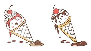 Cute cartoon-style ice cream cone with two scoops of vanilla ice cream topped with colorful sprinkles, dripping chocolate syrup and clean illustration vector