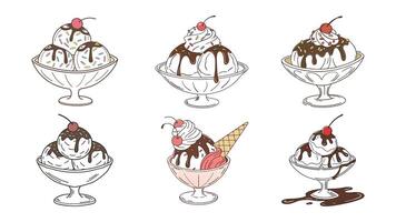 Ice cream sundae with chocolate sauce. set of ice cream with chocolate vector