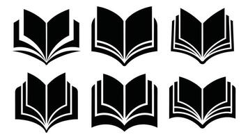 A set of open books and black and white tree illustrations offer pages of literature. Open book silhouette icon on white background. vector