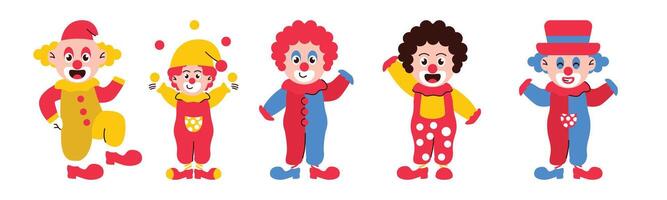 Cheerful cartoon illustration showcasing a group of clowns in vibrant costumes, perfect for adding a playful touch to any project. vector