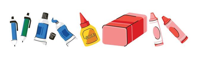 An assortment of colorful craft and stationery supplies for drawing, writing, coloring, gluing, and erasing. Perfect for educational and artistic projects. vector
