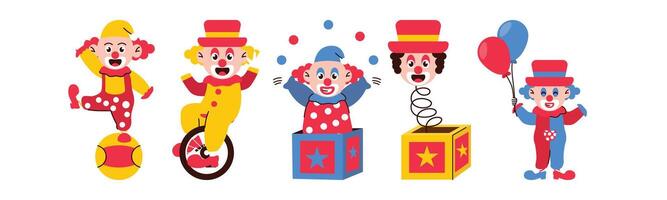 A group of cartoon clowns in various poses and activities, including balancing on a ball, riding a unicycle, popping out of a box, and holding balloons, representing a cheerful and festive circus. vector