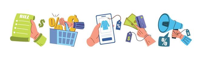 A set of illustrations representing online shopping, discounts, promotions, and various payment methods. It highlights the ease of making purchases online and getting great deals. vector