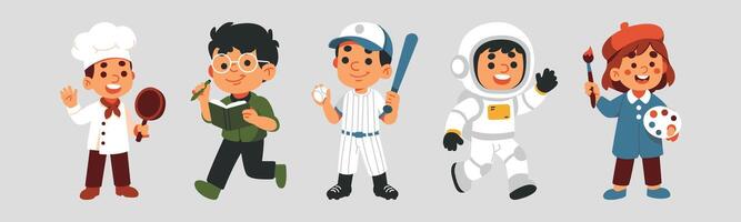 A set of cartoon children dressed as various professionals, including a chef, student, baseball player, astronaut, and artist, symbolizing dreams and aspirations. vector