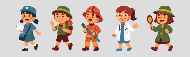 Illustrative set featuring children dressed up representing different professions, showcasing their aspirations for the future and diverse career options. vector