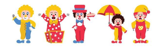 A delightful collection of cartoon clowns, each with unique characteristics, poised for a fun-filled circus performance or a lively party. vector