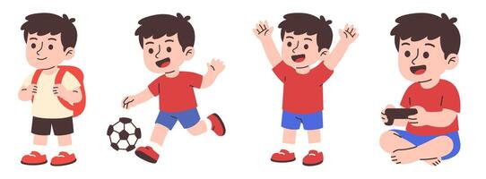 Illustration set showing a happy young boy engaged in different activities, going to school, playing soccer, raising hands, and playing games. vector