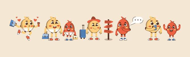 Colorful cartoon characters are on a travel adventure, with suitcases, signposts, and playful expressions, capturing the joy of a vacation. vector