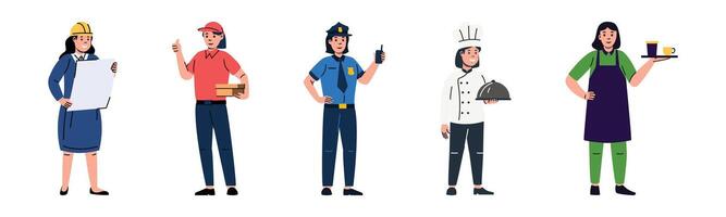 Illustrations of women in various professions, demonstrating diversity in the workforce. They are shown in their respective uniforms representing different fields. vector