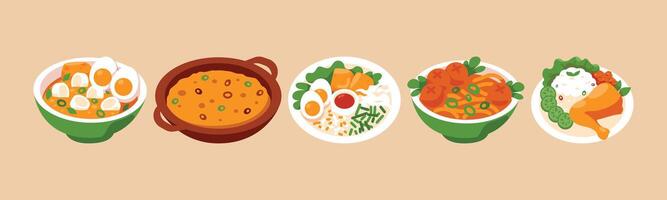 A colorful and appetizing arrangement showcasing an array of culinary dishes. From hearty stews to vibrant platters, a gastronomic delight is on display. vector