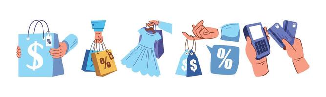 A collection of illustrations depicting shopping and sales, showing hands holding bags, dresses, price tags, credit cards, and point-of-sale terminal, emphasizing retail concepts. vector