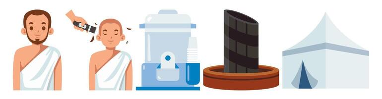 Illustrations show Hajj pilgrimage elements, including preparation, rituals, objects, and shelter highlighting the religious journey. vector