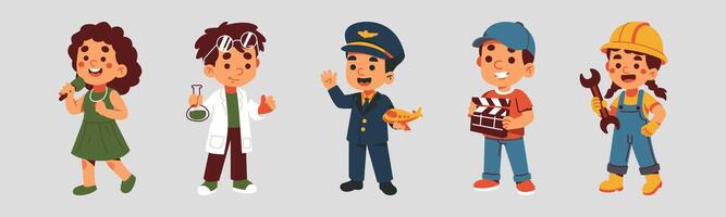 Illustration showcasing children embodying diverse future professions such as singer, scientist, pilot, filmmaker, and builder, representing aspirations and potential. vector