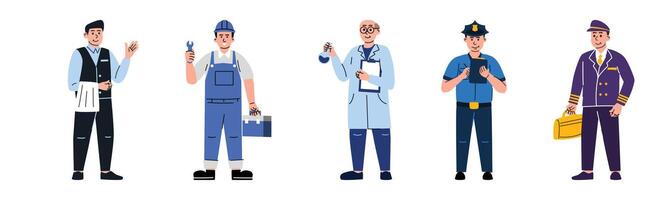 A set of diverse professionals, waiter, mechanic, scientist, policeman, and pilot, all in cartoon style, showcasing various occupations. vector