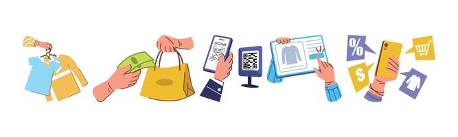 Illustration of various shopping and purchasing methods, showcasing modern retail with digital transactions and shopping. vector