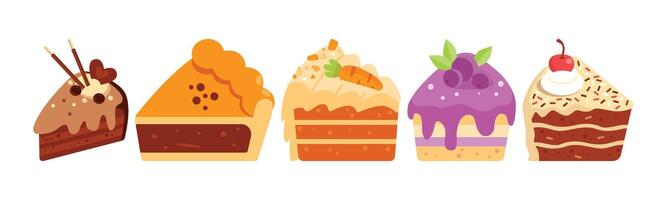 Colorful cartoon illustration of assorted cake slices, perfect for adding a sweet touch to any design or project. vector