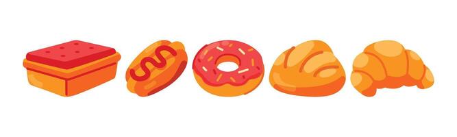 A set of cartoon-style food items including a cake, a hotdog with ketchup, a pink donut with sprinkles, a bread roll, and a croissant vector