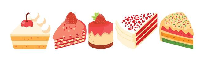 A delightful assortment of cake slices, each showcasing unique flavors, vibrant colors, and decorative toppings. These sweet treats are a perfect representation of delicious indulgence. vector