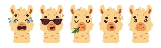 Collection of cartoon llama expressions showcasing a range of emotions, from happiness and coolness to sadness and anger. This whimsical set is perfect for adding a touch of humor to any project. vector