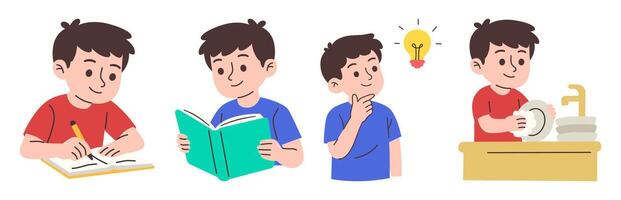 Cartoon boy character engaged in learning, creative thinking, and chores, depicting daily life and responsibility. vector