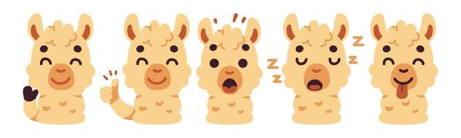 A set of cartoon llama illustrations expressing different emotions, perfect for designs, prints, and humorous creations. vector