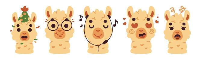 Illustrative arrangement showing five whimsical llamas exhibiting diverse emotions and activities. These characters are expressive, creating a playful and cheerful atmosphere. vector