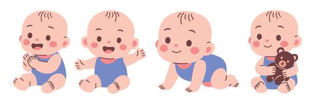 Charming cartoon illustrations showcase a baby's progress from sitting to crawling, expressing joy and innocence. vector