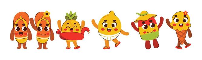A cheerful cartoon illustration featuring a group of summer-themed characters, including sandals, fruits, and ice cream, all with playful expressions. vector