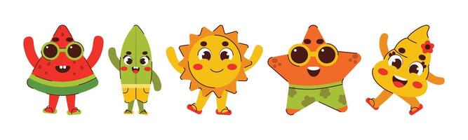 Five cheerful summer fruit characters stand together, bringing fun and joy to any design with their playful expressions. vector