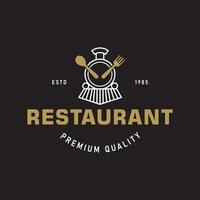 Train with Spoon and Fork in Retro Vintage Style for Retro Themed Restaurant or Cafe logo design Black Background vector