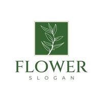 Botanical Flower Logo Design with Green Rectangle Frame Gold Line. Modern Vintage Line Design Template vector