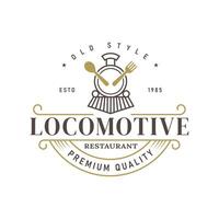 Train with Spoon and Fork in Retro Vintage Style for Retro Themed Restaurant or Cafe logo design vector