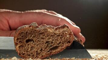 The chef slices bread. Fresh baguette sliced. Filmed on a high-speed camera at 1000 fps. High quality FullHD footage video