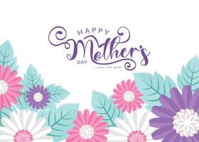 Happy Mothers Day typography design featuring elegant handwritten calligraphy with 3D paper cut flowers and leaves on a clean white background. Beautiful illustration vector