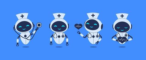 Medical AI robot set with healthcare elements. illustration for artificial intelligence in medicine, healthcare automation, and robotic doctors vector