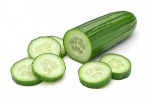 Fresh cucumber with crisp slices around it close up on white showing vivid green texture and detail photo
